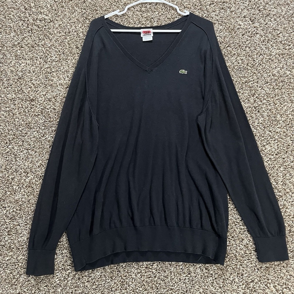 Lacoste Mens Large Black Cotton Cashmere V-Neck Sweater‎ Logo Pullover Devanlay